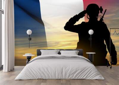 Silhouette of French soldier on background of sunset and French flag. Concept - Armed Forces. EPS10 vector Wall mural