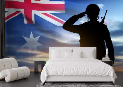 Silhouette of Saluting Soldier with Australian flag on background of sunset. Concept - Armed Force. EPS10 vector Wall mural