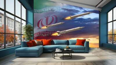 The missiles on background of Iran flag against the sunset. Bomb, chemical weapons, missile defense, a system of salvo fire. 3d-rendering Wall mural