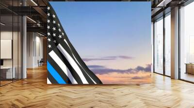 Thin Blue Line. American flag with police blue line on a background of sunset. Support of police and law enforcement. EPS10 vector Wall mural