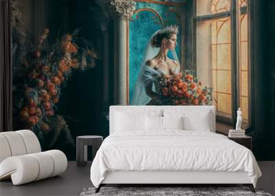 A Bride standing with flowers near an ornate window in a castle like a princess. Getting married to a Prince. Wall mural