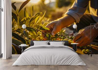 Close-up of farmer's hands sorting fresh olives before preparing olive oil, harvest Wall mural