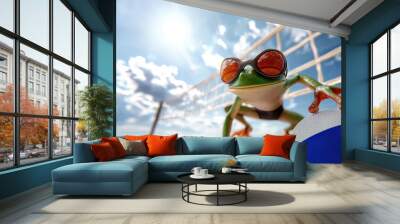 Close-up of tree frog in sunglasses playing beach volleyball, 3d drawing about sport and leisure Wall mural