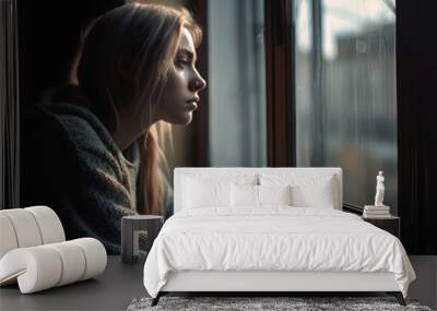 Depressed young woman near the window of her house looking outside, mental health care and depression, copy space for text, ai content generated. Wall mural