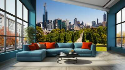 Melbourne, Australia. Skyline of Melbourne, wide view from the city and the green areas surrounding the city. Buildings and parks. Wall mural