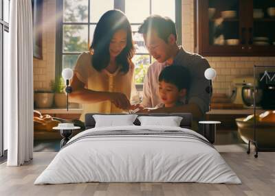 Portrait of a Chinese family while cooking breakfast together in the kitchen on a bright sunny day, Family Day and Mother's Day poster Wall mural