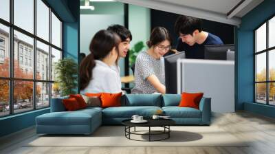 Portrait of a team of students enthusiastically solving tasks on a programming and machine learning course, the portrait reflects cooperation and innovation in a modern work environment. Wall mural