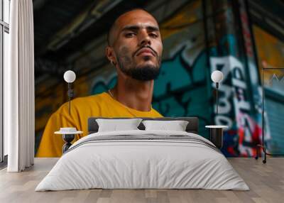 Portrait of a young man in a yellow t-shirt against a graffiti wall, low angle shot, concept about street artists and urban environment Wall mural