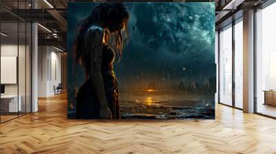 Profile portrait of a girl in the rain against the backdrop of a supermoon and a destroyed city, copied space for the concept of the destruction of life in depressive disorders Wall mural