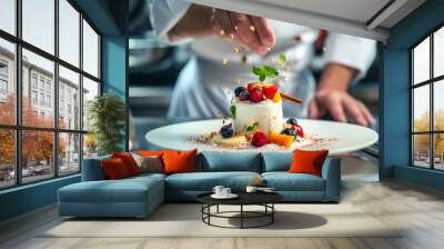 The chef decorates a dessert with souffle and berries from the local market, creating a molecular gastronomy dish, an idea for advertising a cafe or restaurant. Wall mural