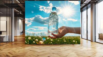 World Water Day, a girl's hand holding a bottle of water against the backdrop of a blooming spring meadow with wildflowers on a bright sunny day Wall mural