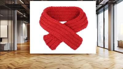 Small red knitted scarf isolated on a white background. Handmade woolen neckwear. Closeup. Copy space Wall mural