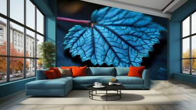 Exquisite and intricately detailed macro photograph of a vibrant blue leaf Wall mural