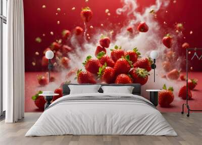 fresh raw red strawberries exploding and flying all around the red background Wall mural