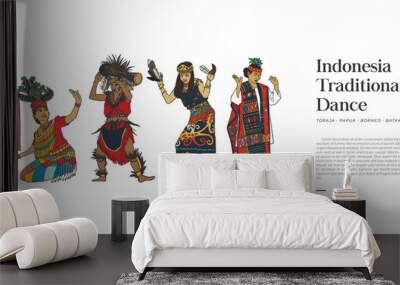 isolated of indonesia famous traditional dance hand drawn illustration Wall mural