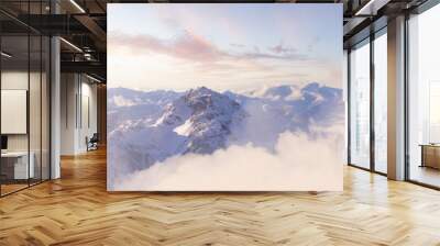 Adult adventurous woman standing on top of a snow peak. Winter Wonderland. 3d rendering mountain adventure artwork. Aerial landscape from British Columbia, Canada. Sunset Sky Wall mural