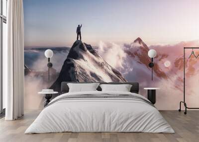 Adventure Composite. Adventurous Man is taking in the moment on top of a mountain. CGI Rocky Peak. Colorful Sunset or Sunrise Sky. Aerial Background Landscape from British Columbia, Canada. Wall mural