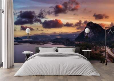 Aerial Panoramic view of Sea to Sky Highway with Chief Mountain in the background. Colorful Twilight Sky Art Render. Taken near Squamish, North of Vancouver, British Columbia, Canada. Wall mural