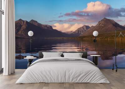 Beautiful Panoramic View of Lake McDonald with American Rocky Mountains in the background. Cololful Sunrise Sky Art Render. Taken in Glacier National Park, Montana, United States of America. Wall mural