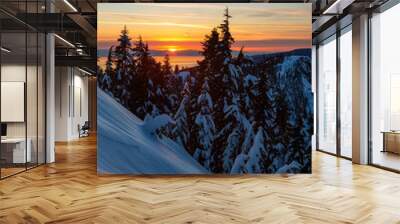 Canadian Nature Landscape covered in fresh white Snow during colorful and vibrant winter sunset. Taken in Seymour Mountain, North Vancouver, British Columbia, Canada. Wall mural