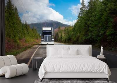 Commercial Truck Driving on Scenic Road with green Trees and Mountains in Background. 3d Rendering Vehicle. Pacific Rim Hwy to Tofino, Vancouver Island, British Columbia, Canada. Wall mural