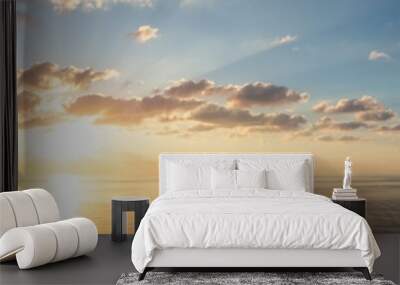 Dramatic Colorful Sunrise Sky over Mediterranean Sea. Sky with Sunrays. Cloudscape Nature Background. Wall mural