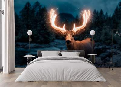 Male Deer with Glowing Antlers. Magical Artistic Render. Background from British Columbia, Canada. Wall mural