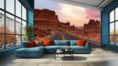 Panoramic landscape view of a Scenic road in the red rock canyons. Dramatic Colorful Sunset Sky Artistic Render. Taken in Arches National Park, located near Moab, Utah, United States. Wall mural