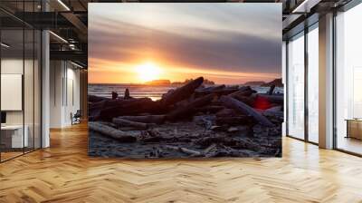 Rocky Shore on West Coast of Pacific Ocean in Tofino. Cox Bay in Vancouver Island, British Columbia, Canada. Sunset Sky. Nature Panorama Wall mural