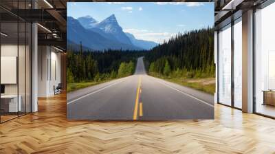 Scenic road in the Canadian Rockies during a vibrant sunny summer day. Taken in Icefields Parkway, Banff National Park, Alberta, Canada. Wall mural