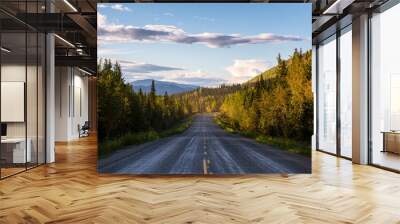 Scenic Road View of Klondike Hwy during a sunny and colorful sunset. Taken North of Whitehorse, Yukon, Canada. Wall mural