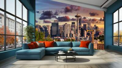 Seattle City Skyline, Washington, United States of America. Modern American City on the West Coast during a Sunny and Cloudy Sunset. Artistic Render Wall mural