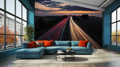 Long Trails of Car Lights at Busy Motorway at Night Wall mural