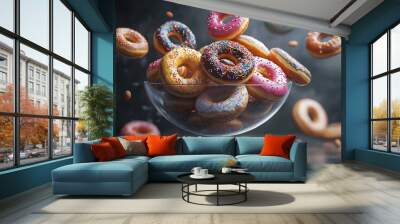 A bowl full of colorful donuts with sprinkles and frosting, some donuts are flying in the air. Wall mural