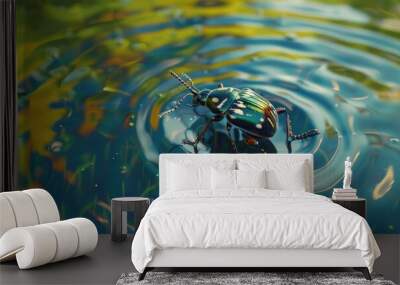 A brightly colored beetle floats on the surface of a pond, creating ripples in the water. Wall mural