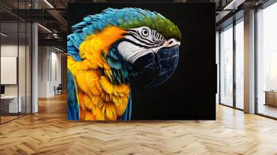 A close-up portrait of a blue and gold macaw with a black background. Wall mural