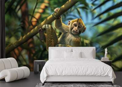 A cute monkey clinging to a bamboo branch in a tropical jungle. Wall mural