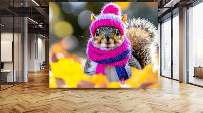 A cute squirrel wearing a pink knitted hat and scarf, looking at the camera. Wall mural