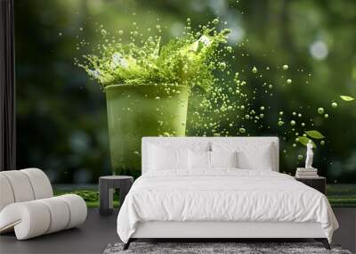 A glass of green tea with a splash of matcha powder and leaves. Wall mural