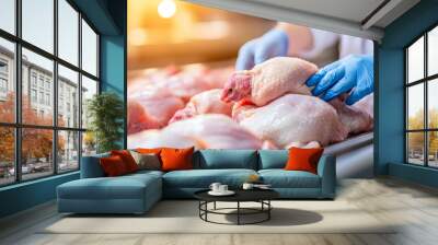 A gloved hand carefully places raw chicken legs on a stainless steel table in a processing plant. Wall mural