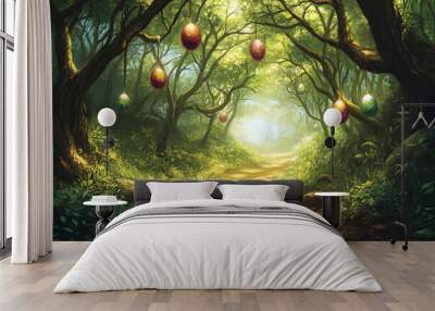 A magical forest path lined with hanging colorful eggs. Wall mural