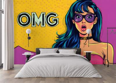 A pop art illustration of a surprised woman with blue hair and sunglasses, saying 