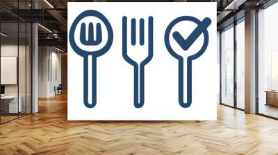 A set of three blue line icons, a fork, a spoon, and a checkmark in a circle, on a white background. Wall mural