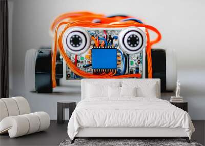 A small robot with orange wires, a blue chip, and two white eyes, on a white surface. Wall mural