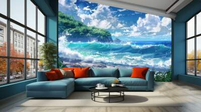 A tranquil seascape with crashing waves and blue skies. Wall mural