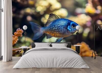 A vibrant blue and gold fish with a large eye swims through a vibrant underwater scene. Wall mural