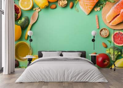 A vibrant green background with a circle of healthy foods including salmon, fruits, vegetables, and nuts. Wall mural