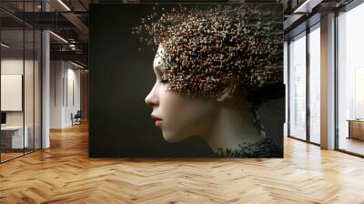 A woman with a digital hair made out of pixels and a dark background. Wall mural