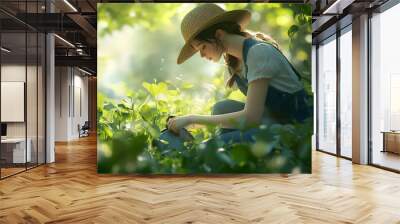 A young woman in a straw hat and overalls kneels in a lush green garden, watering plants with a watering can. Wall mural