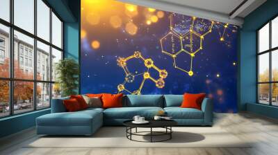 Abstract background of connected golden dots and lines on a blue background. Wall mural